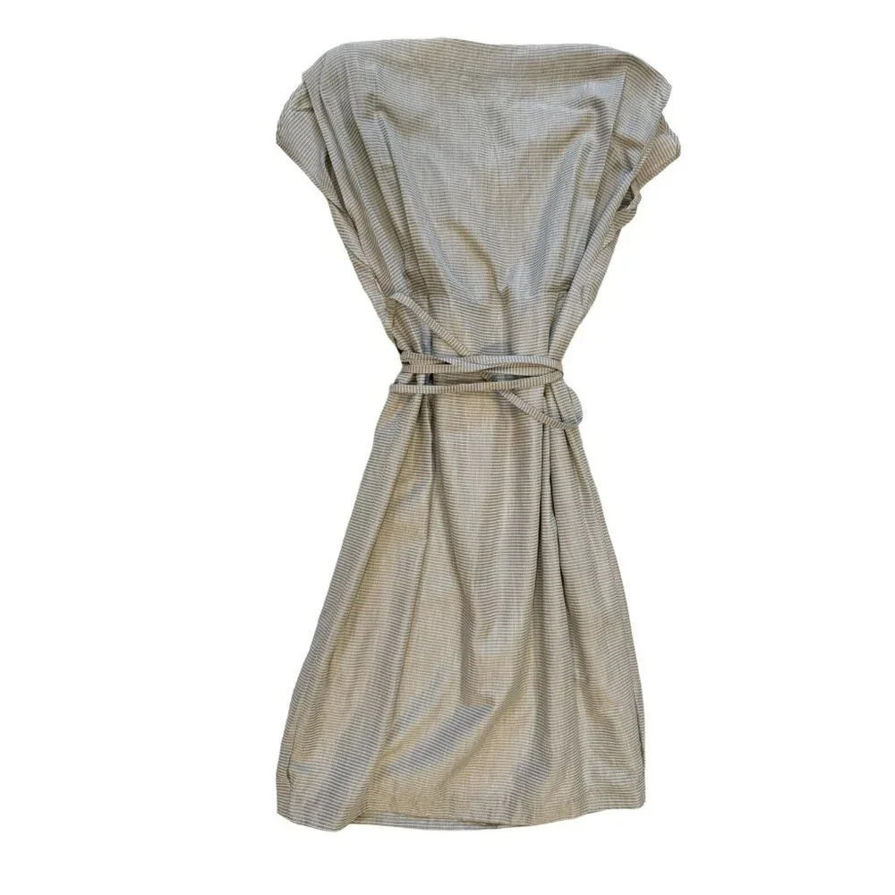 AMBALI Paris Dress US Size 10 Striped Pleated Taupe White Made in France Size 42 - Picture 2 of 12